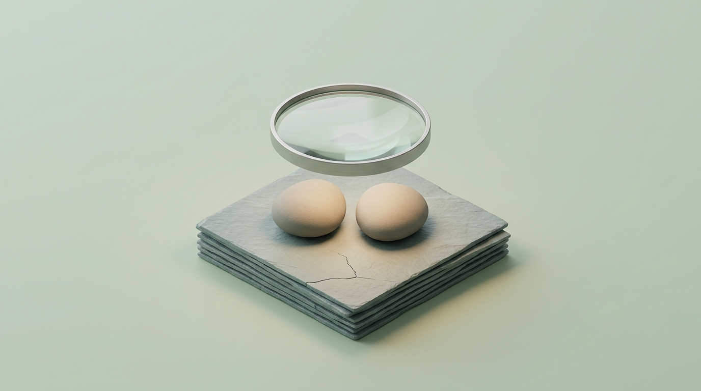 Dos piedras casi idénticas sobre una base de lajas agrietada, bajo una lente de vidrio: metáfora de pagos duplicados sobre datos maestros defectuosos