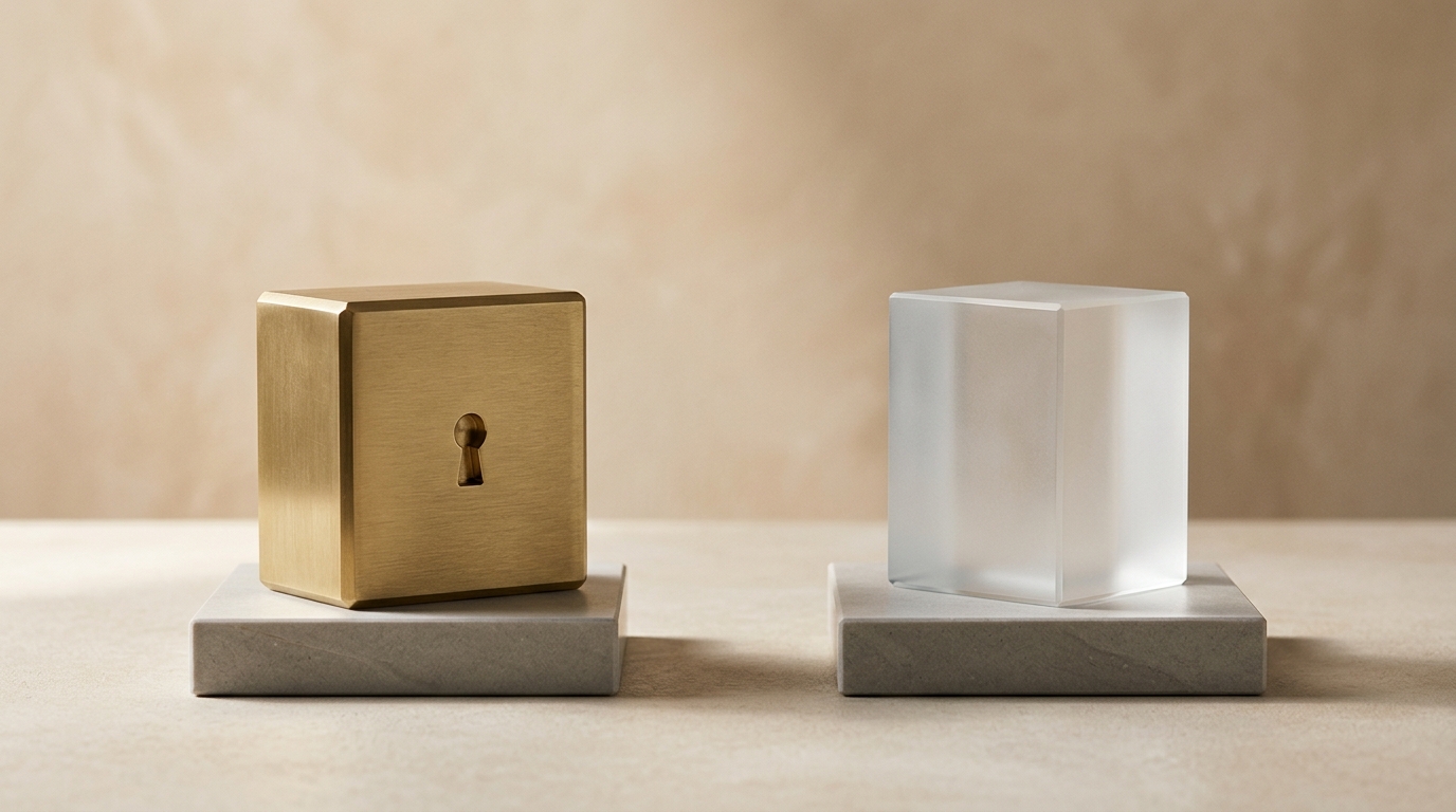 Dos bloques arquitectónicos sobre pedestales de piedra—uno de latón con ranura de llave y otro de cristal esmerilado—como metáfora del traslado de la segregación de funciones hacia la configuración de software