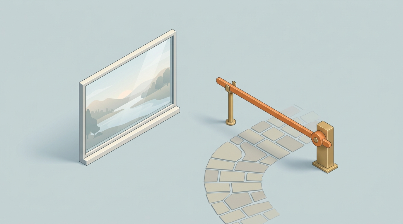 Una ventana de vidrio con un paisaje a la izquierda y una barrera cerrada sobre un camino de piedra a la derecha: metáfora de observar frente a impedir