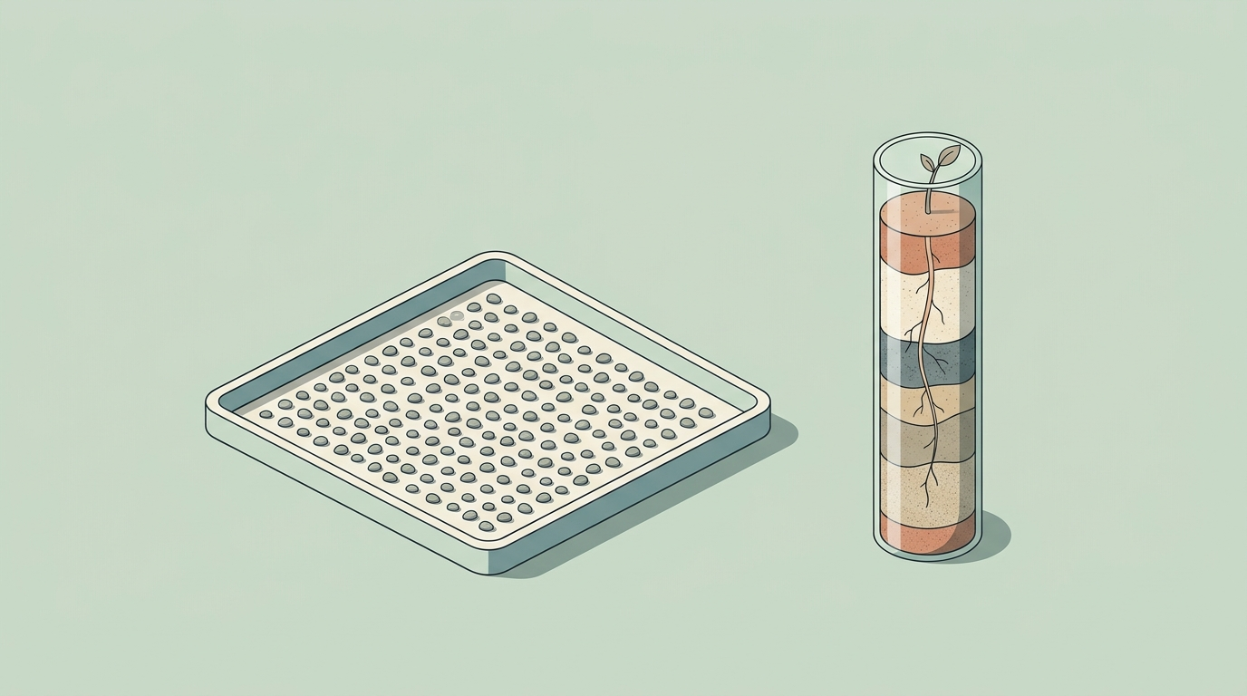 A wide, shallow tray holding dozens of identical pebbles next to a narrow glass cylinder with layered sand and a root reaching the bottom: a metaphor for breadth versus depth